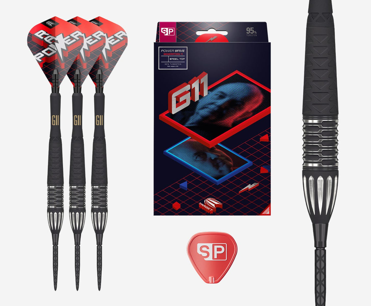 Phil Taylor Raw Power G11 Steel Tip Darts - 95% Tungsten — three barrel close-ups