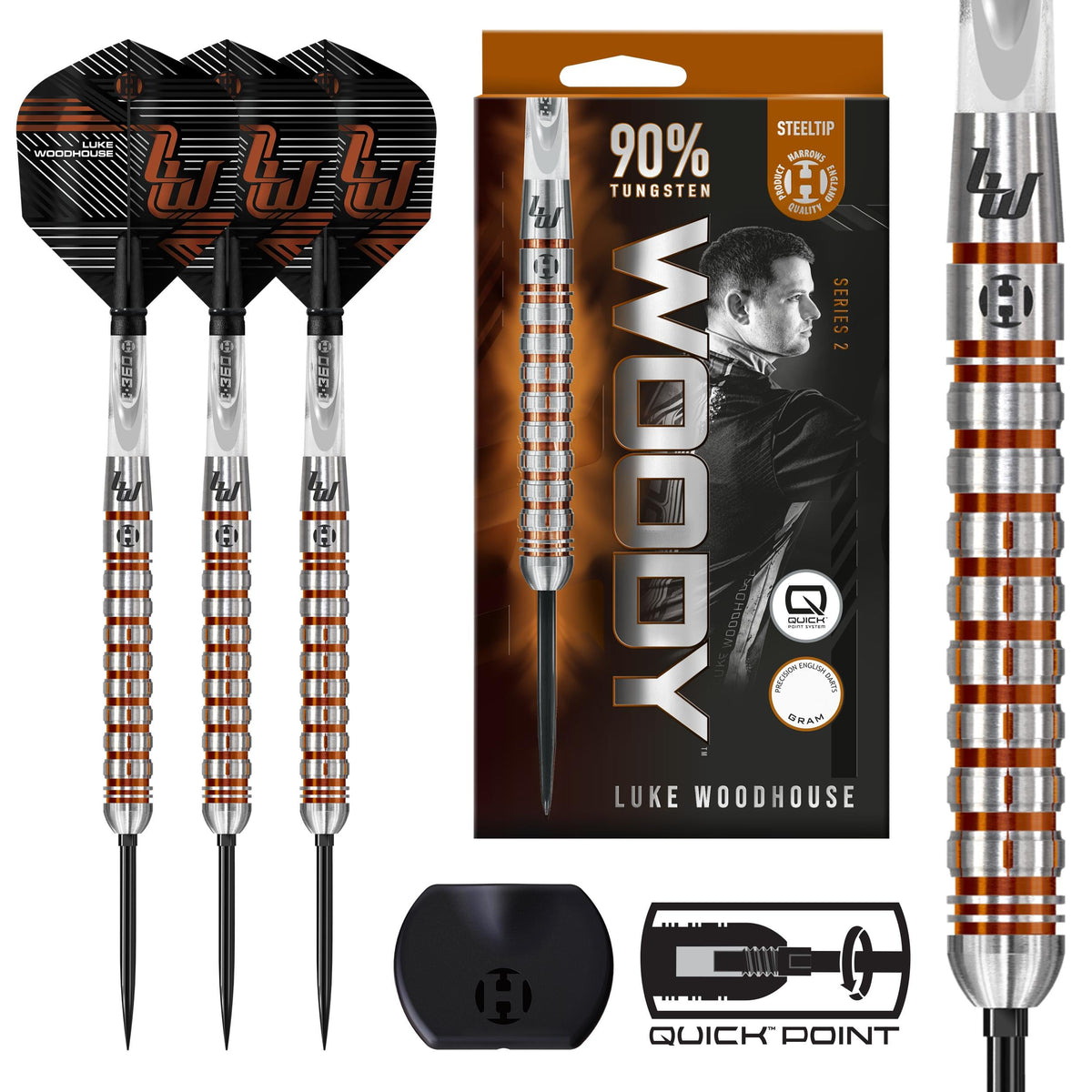 Luke Woodhouse S2 QP Steel Tip Darts - 90% Tungsten — three barrel close-ups